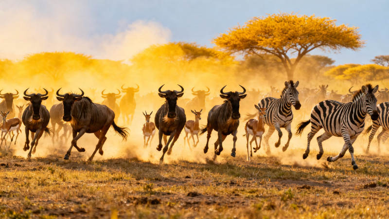 草原奔袭 角马斑马共舞尘扬图片