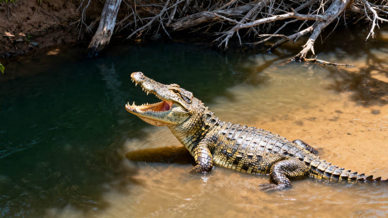 鳄鱼张口戏水边图片