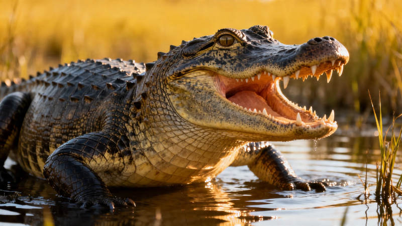 鳄鱼张嘴 湿地黄昏掠影图片