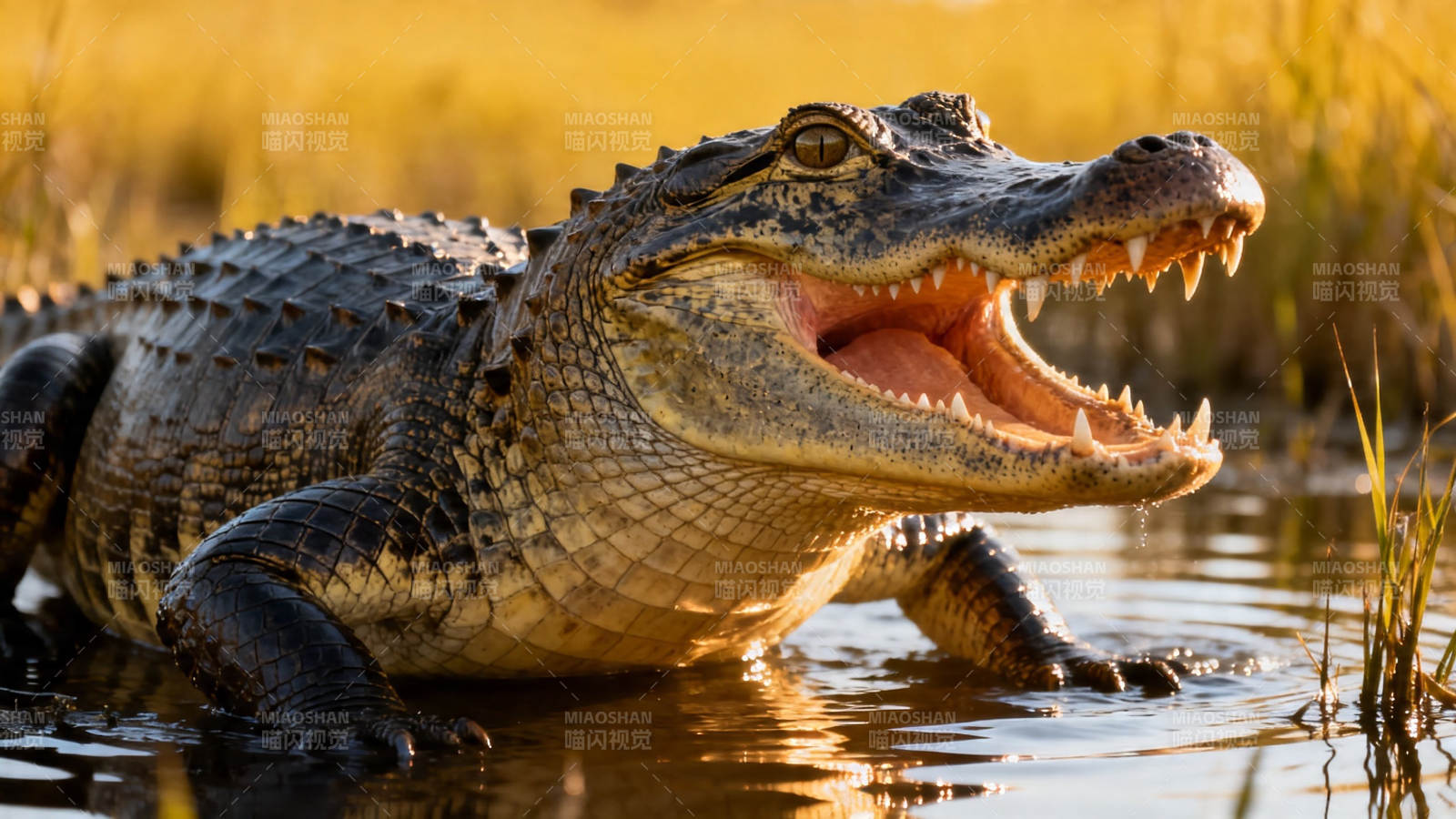 鳄鱼张嘴 湿地黄昏掠影图片