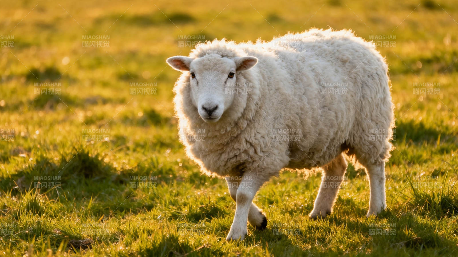 夕阳下的绵羊漫步草地图片