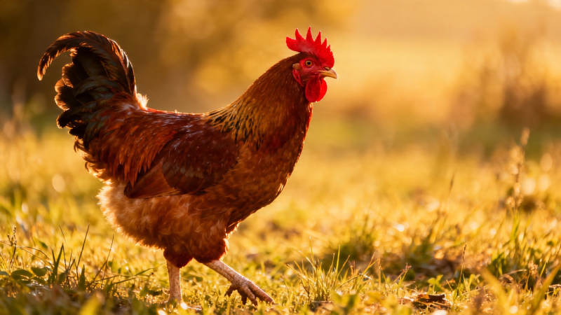 晨光中的雄鸡漫步草地图片