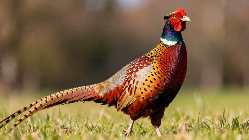 七彩雉鸡立草间图片