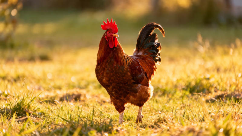 晨光中的雄鸡漫步草地图片
