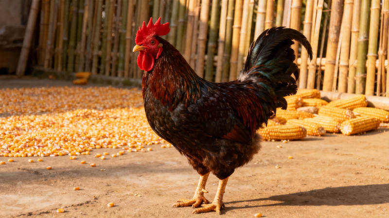 公鸡立于玉米堆旁图片