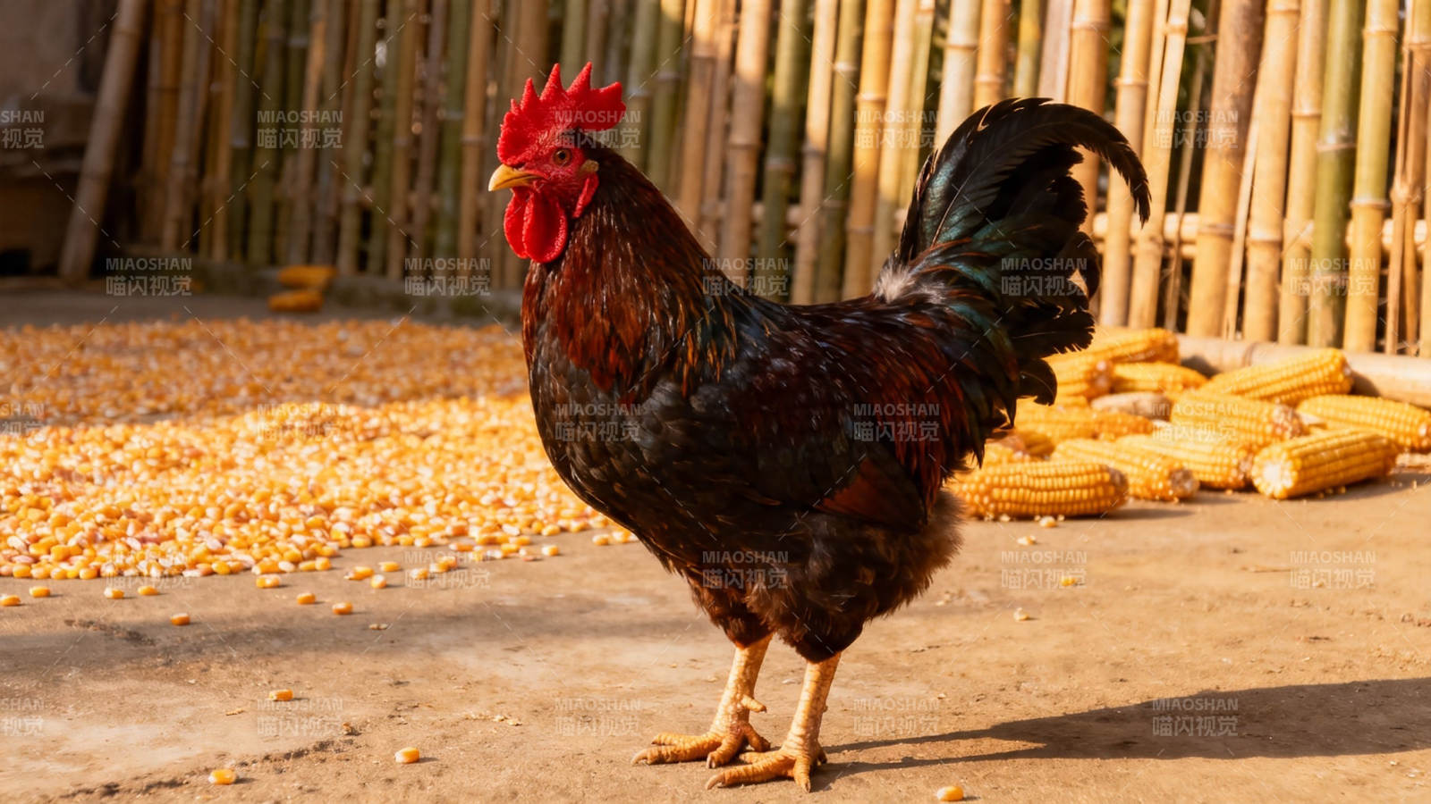 公鸡立于玉米堆旁图片