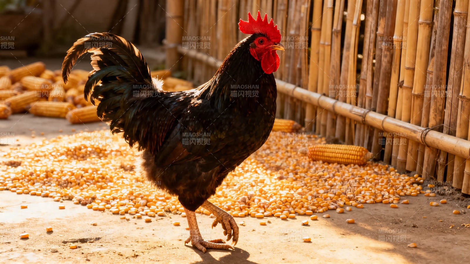 黑鸡啄玉米 竹篱旁觅食图片