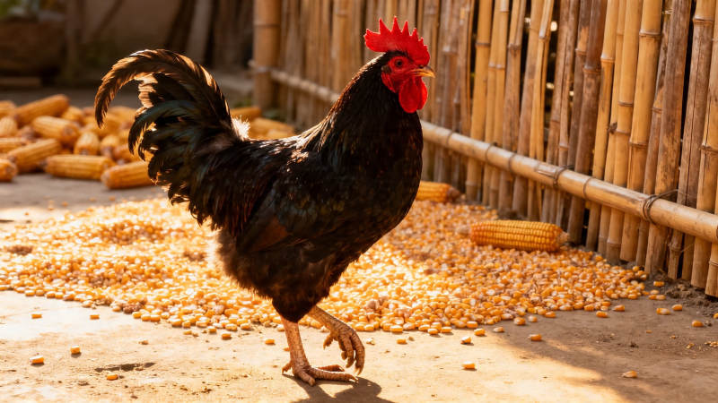 黑鸡啄玉米 竹篱旁觅食图片