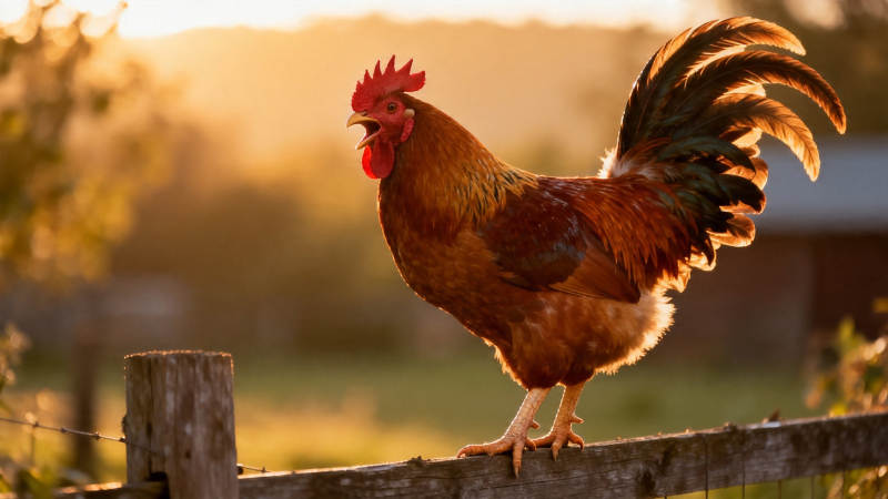 晨曦雄鸡立栅栏图片