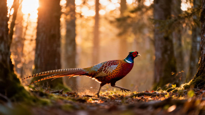 林间雉鸡沐金光图片