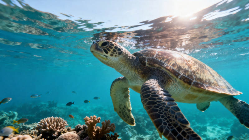 海龟悠游珊瑚间图片