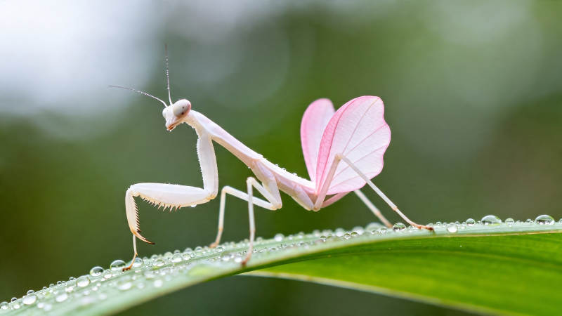 粉螳螂栖绿叶 露珠映晨光图片
