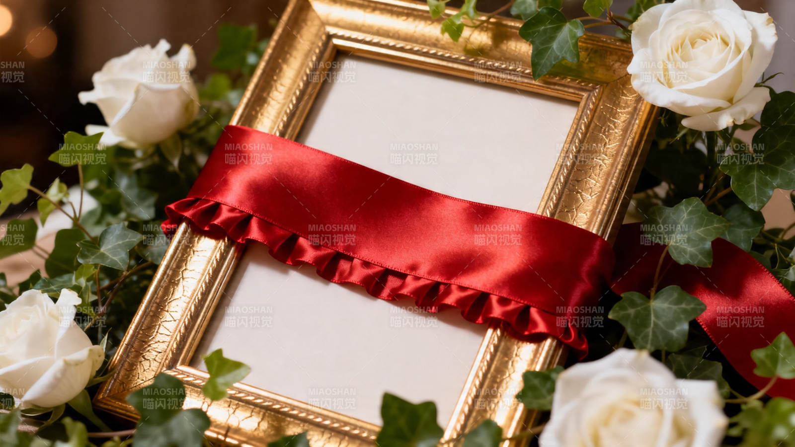 金框红缎白玫瑰环绕图片
