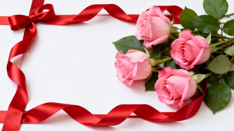 红丝带框粉玫瑰 浪漫献礼图片