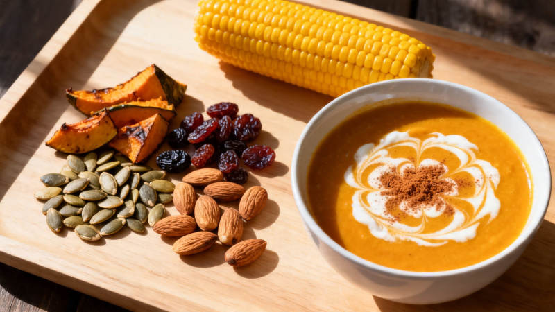 秋日暖汤配坚果玉米南瓜图片