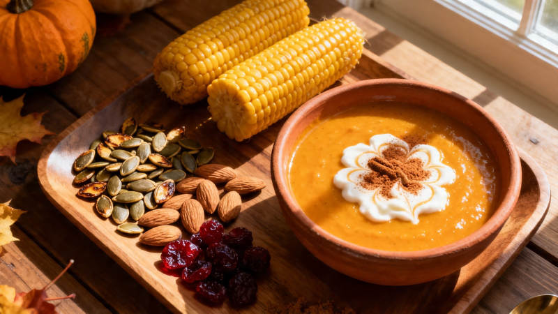 秋日南瓜汤配玉米坚果图片