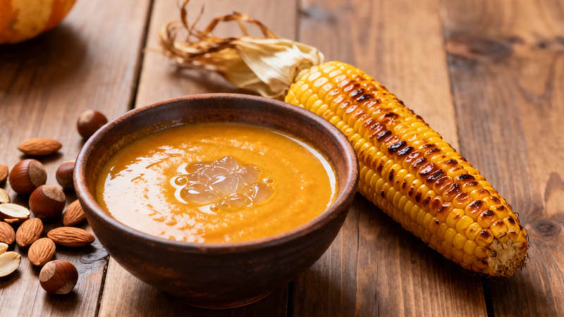 烤玉米配南瓜浓汤图片