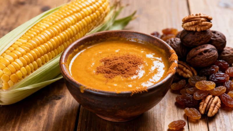 玉米浓汤配坚果葡萄干图片