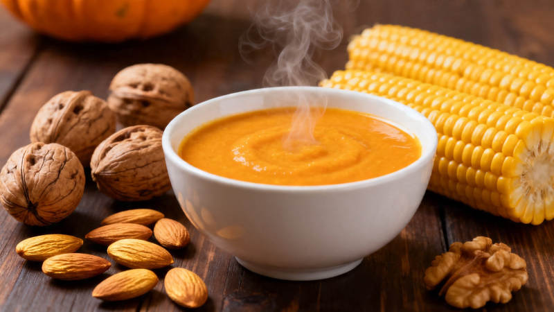 秋日暖汤 南瓜玉米坚果伴图片