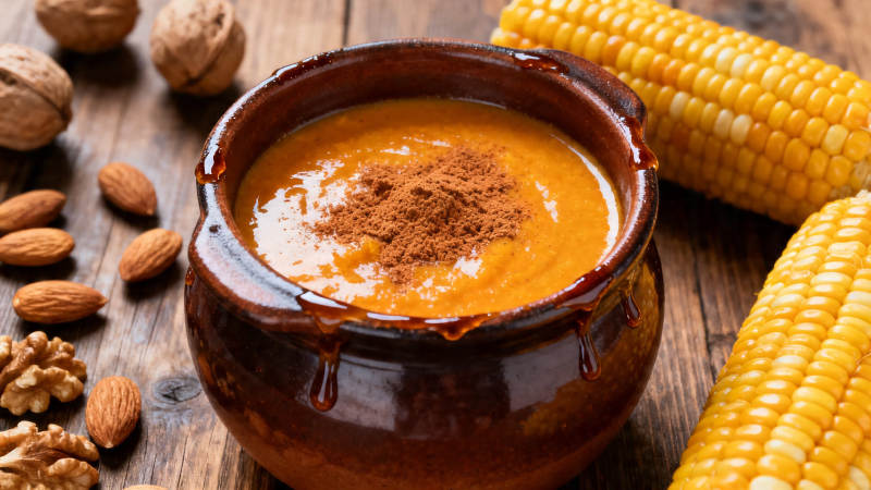 南瓜浓汤配玉米坚果图片