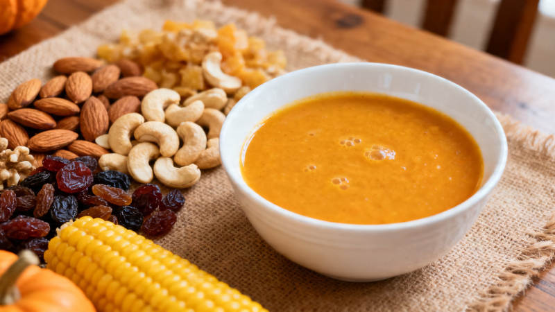 秋日暖汤配坚果玉米图片