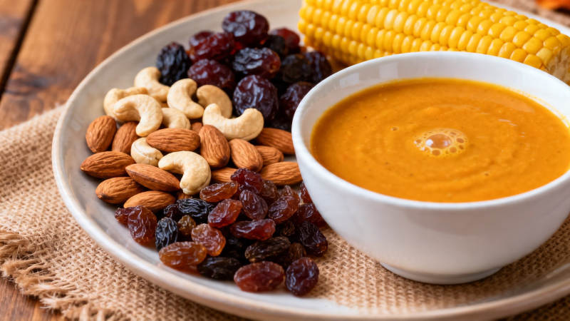 南瓜汤配坚果葡萄干玉米图片