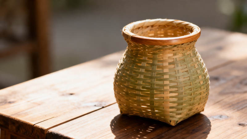 竹编小罐 静置木桌之上图片