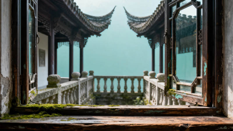 古窗框景 飞檐映水天图片