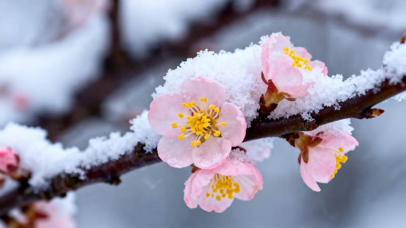 雪覆梅花 粉瓣映寒枝图片
