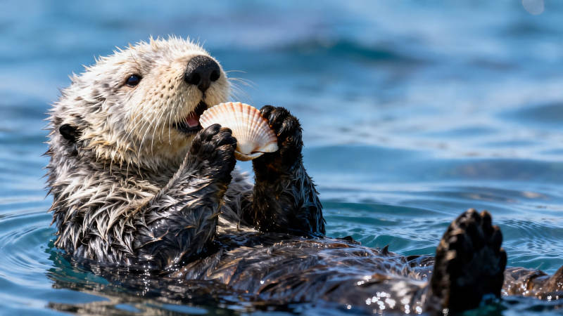 海獭浮水啃贝壳图片