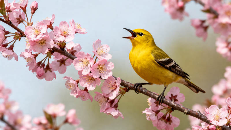 黄鸟鸣春樱枝头图片