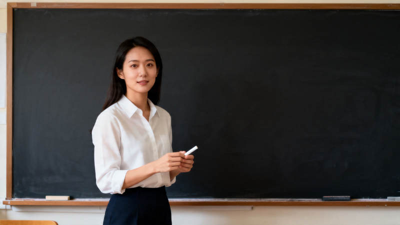 女教师持粉笔站黑板前图片