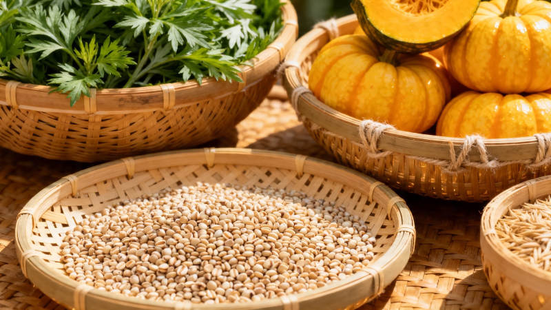 秋收篮中蔬果谷物香图片