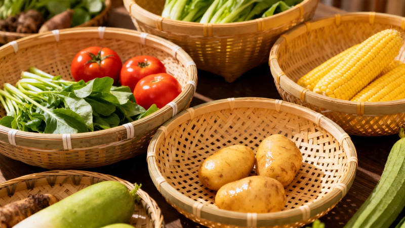 竹篮盛满新鲜蔬果图片