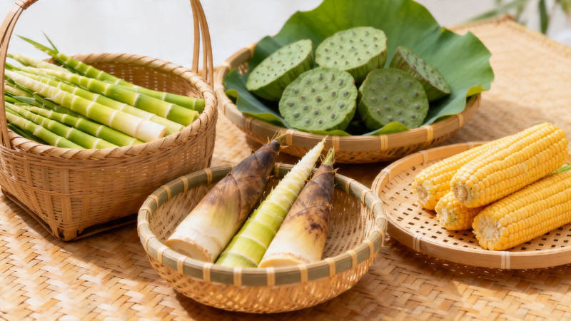 竹篮盛鲜蔬 玉米莲蓬伴图片