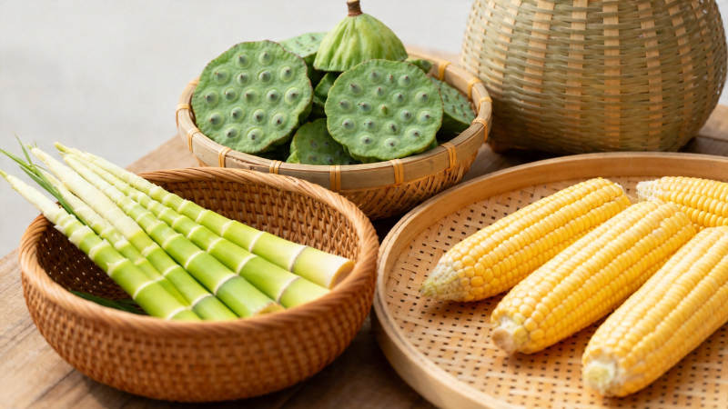 竹篮盛玉米莲蓬鲜笋图片