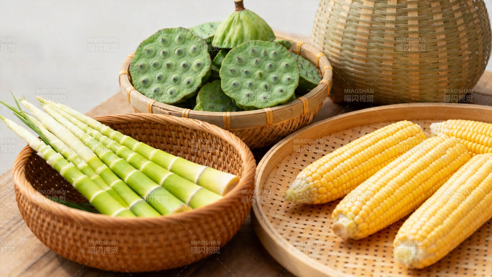 竹篮盛玉米莲蓬鲜笋图片