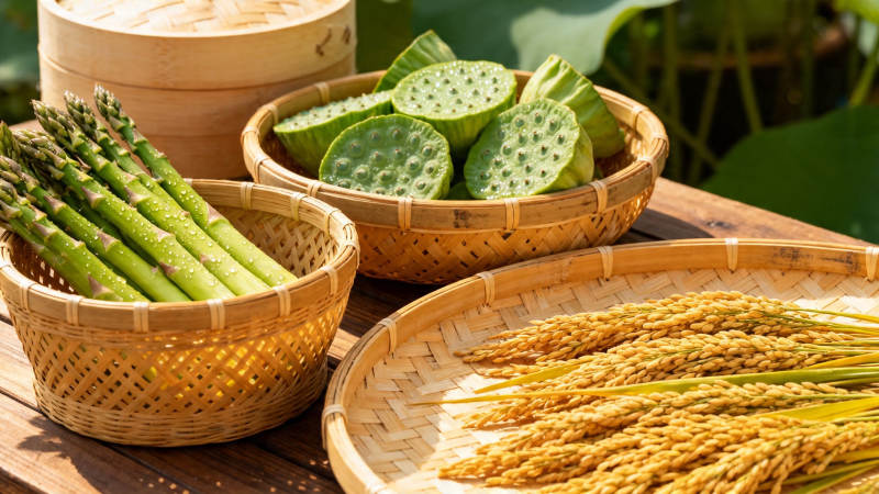 竹篮盛鲜蔬 稻穗映荷塘图片