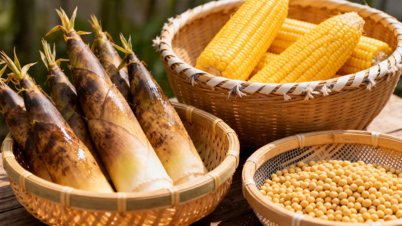 竹笋玉米黄豆篮中鲜图片