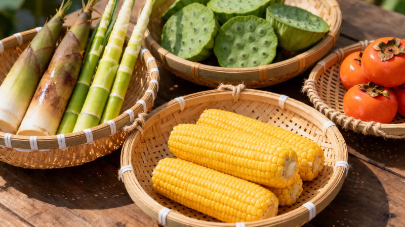 秋日丰收 玉米竹笋柿子莲蓬图片