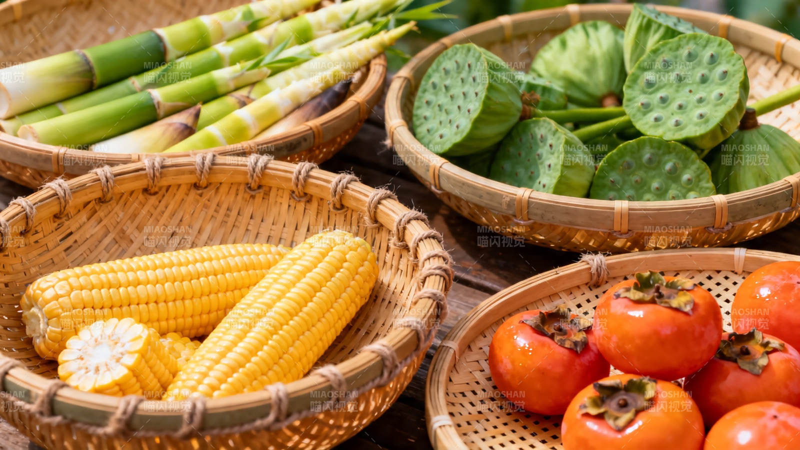 秋日丰收篮 玉米柿子莲蓬竹笋图片