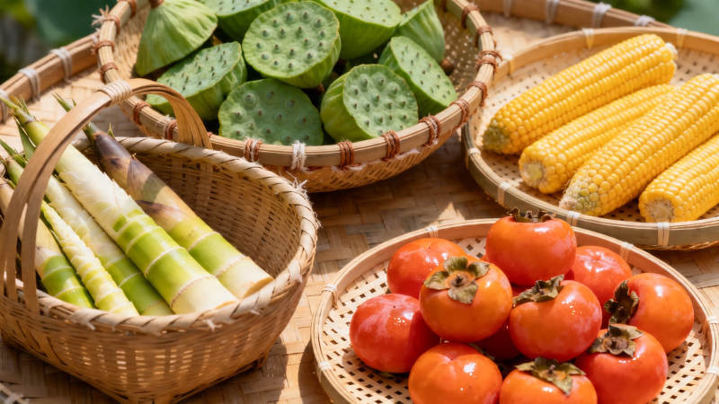 竹篮盛鲜果 玉米柿子莲蓬图片