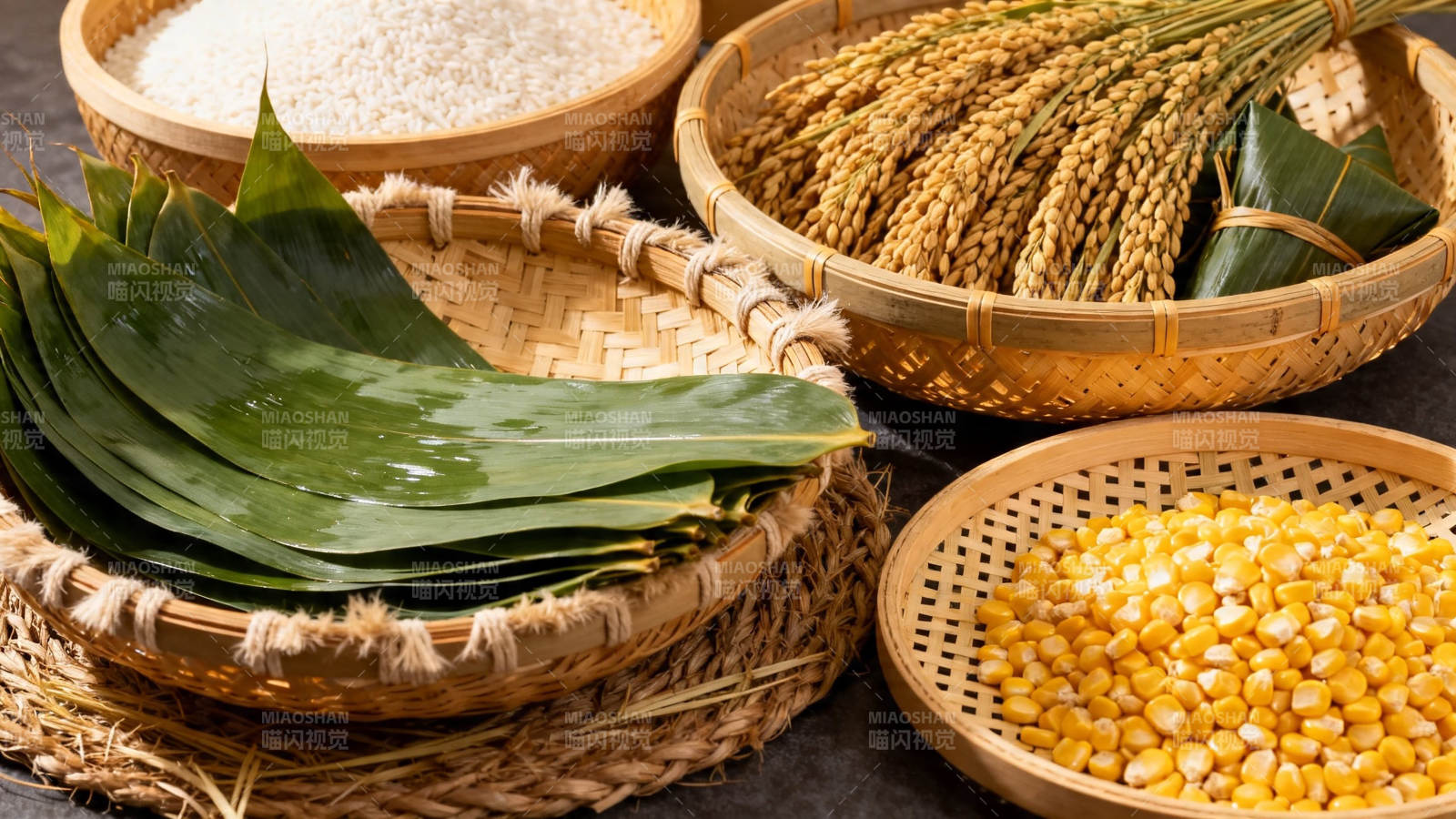 粽叶糯米玉米稻穗竹篮装图片