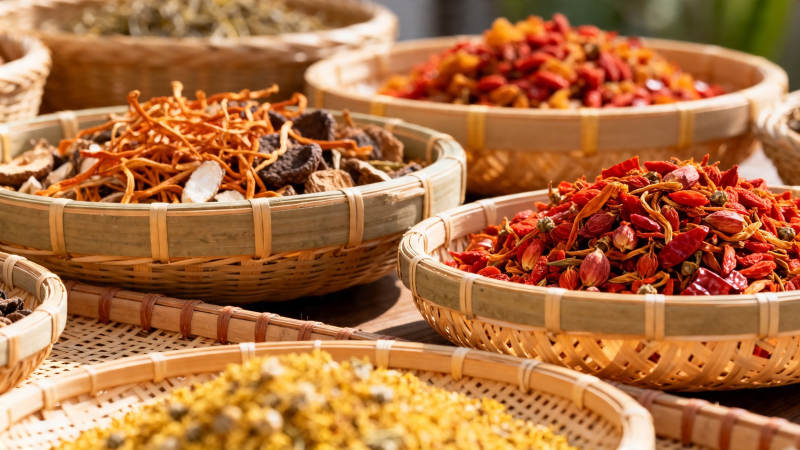 竹篮盛满五彩干药材图片