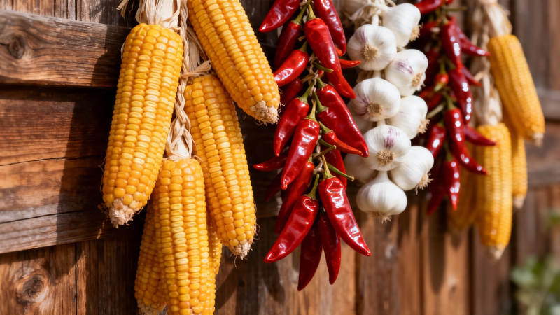 玉米辣椒蒜串挂木墙图片