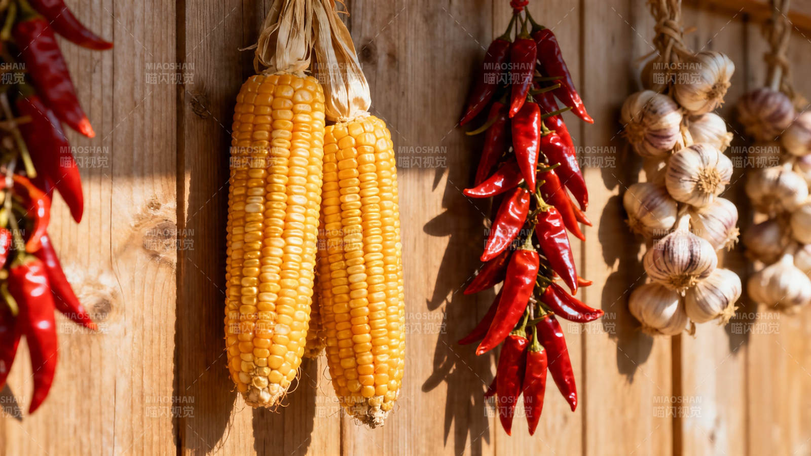 玉米辣椒蒜头挂墙晒秋图片