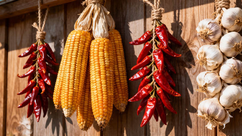 玉米辣椒蒜头挂墙晒秋图片