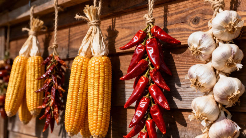 玉米辣椒蒜头挂墙晒秋图片