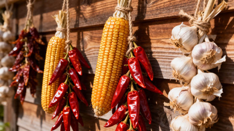 玉米辣椒蒜头挂墙晒秋图片