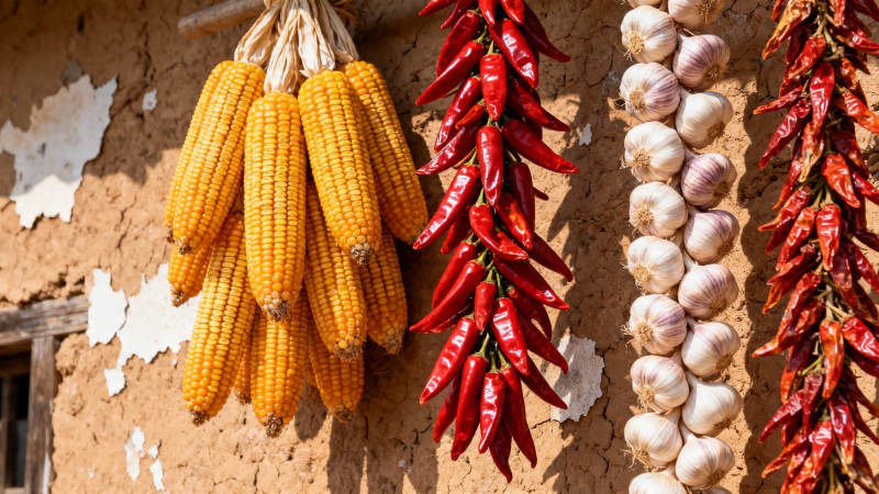 玉米辣椒蒜头挂墙晒秋图片